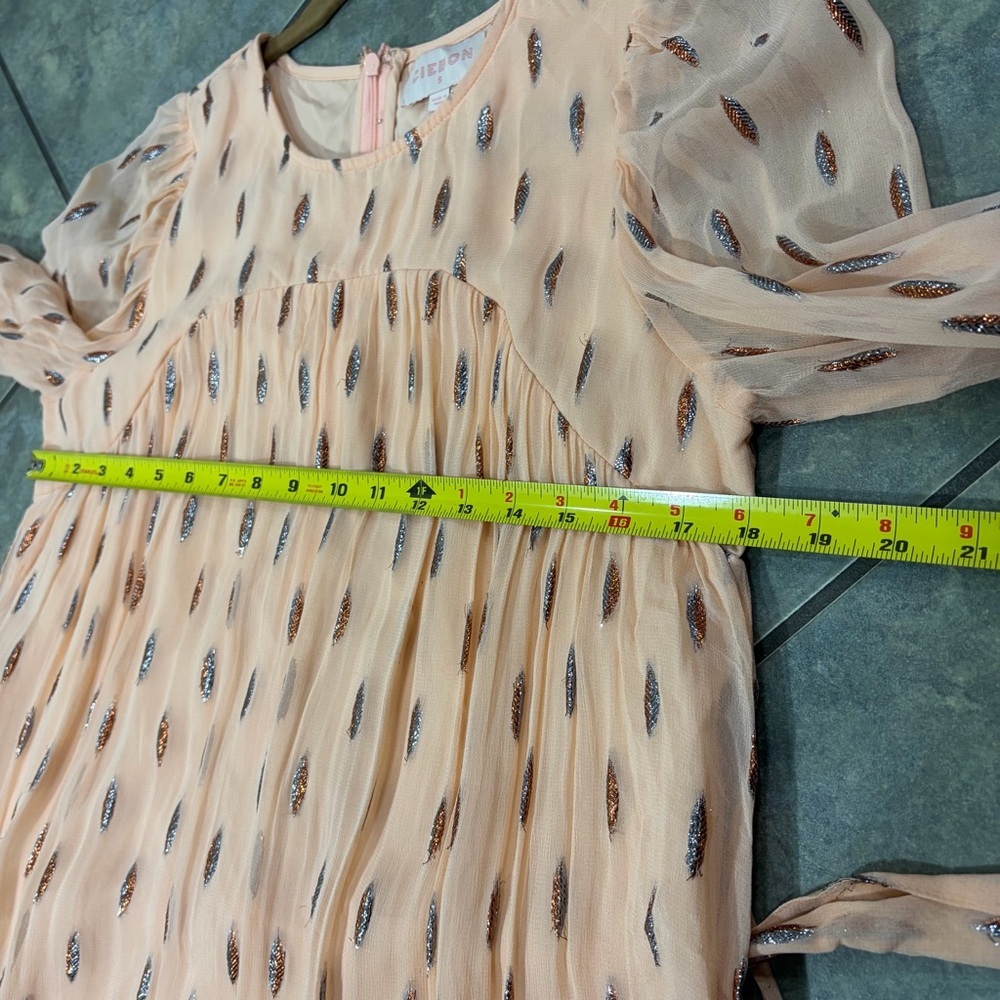 CIEBON Eryn Blush Metallic Print Tie Waist Long Sleeve Maxi Dress Sz S Cottage - Picture 10 of 12